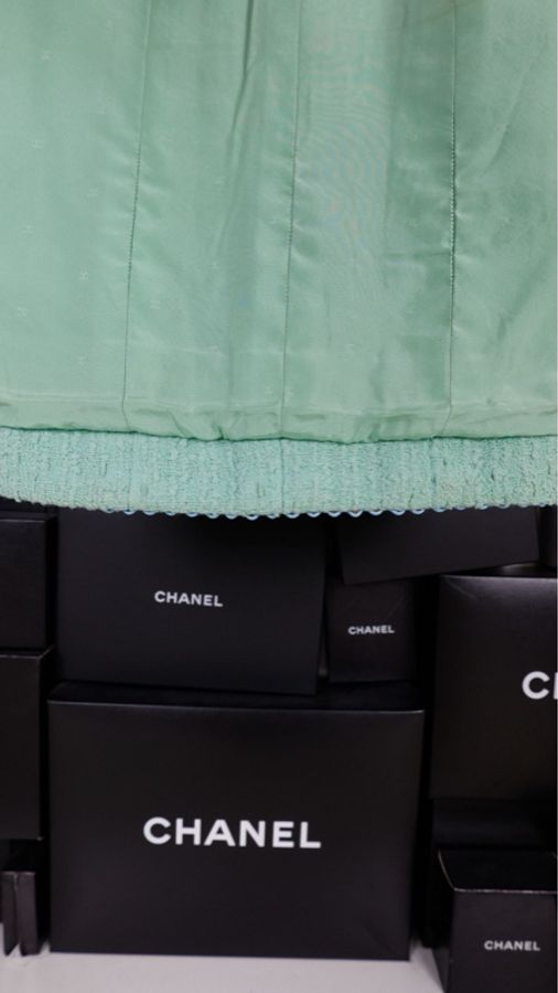 Chanel1994年走秀款薄荷电话线绿粗花呢半裙-16