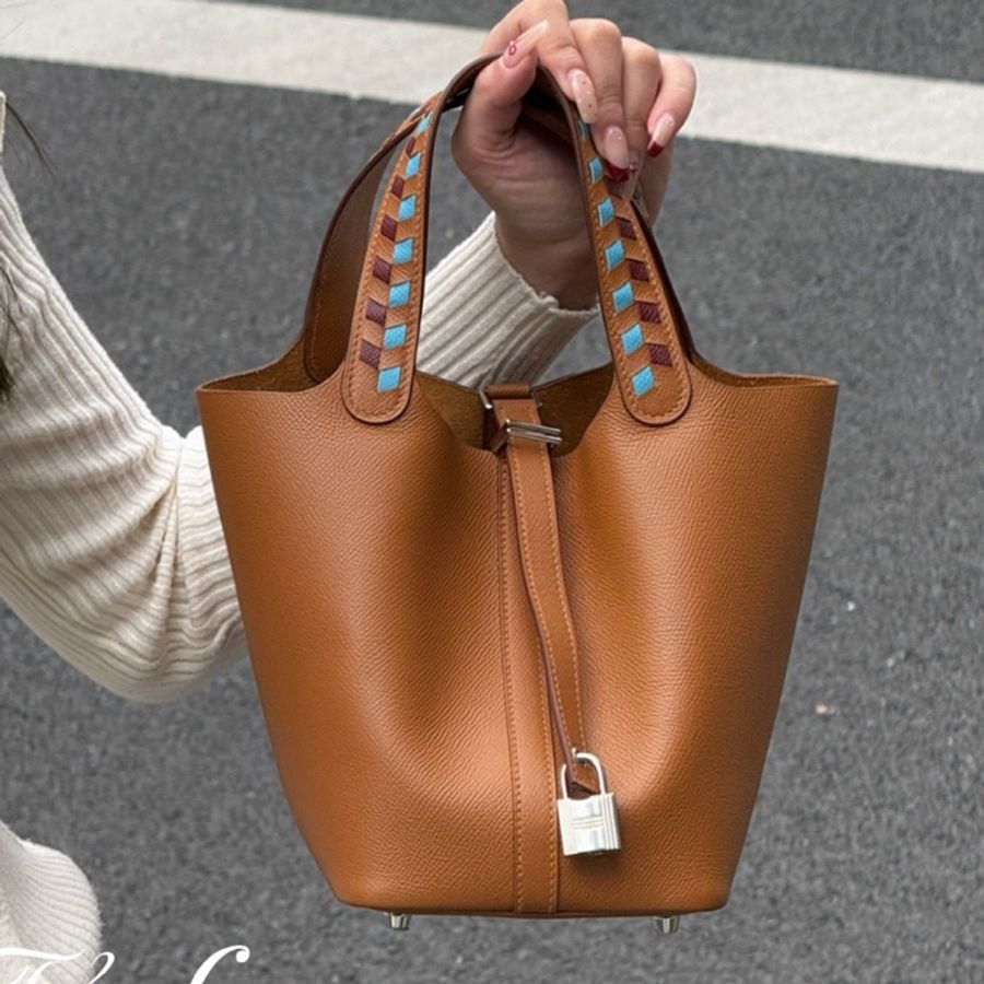 Hermes 愛馬仕 picotin菜籃子18 金棕銀扣編織手柄 epsom皮 D刻 。-2