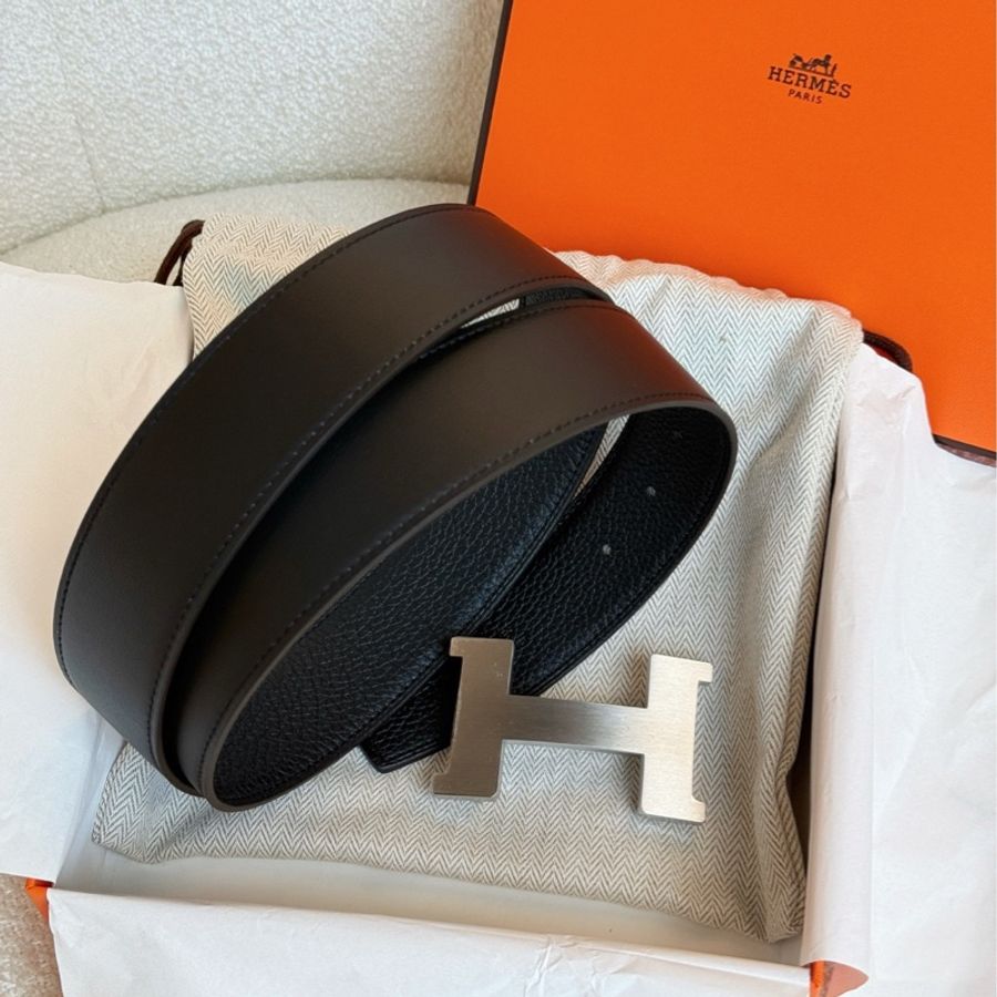 Hermes 愛馬仕 男士H皮帶 黑色 磨砂拉絲銀扣 90cm/38mm w刻。-0