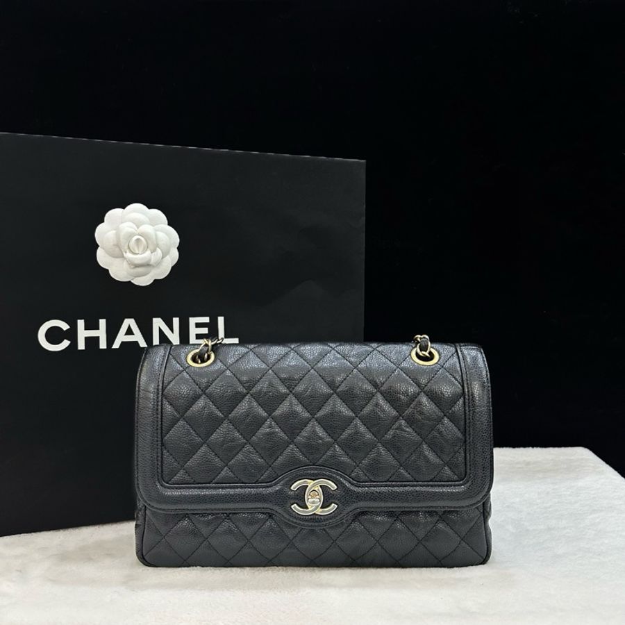 Chanel香奈兒 黑金荔枝牛皮戴妃鏈條包單肩包斜挎包-1