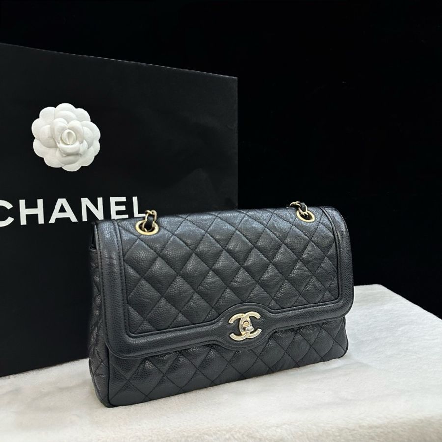 Chanel香奈兒 黑金荔枝牛皮戴妃鏈條包單肩包斜挎包-2