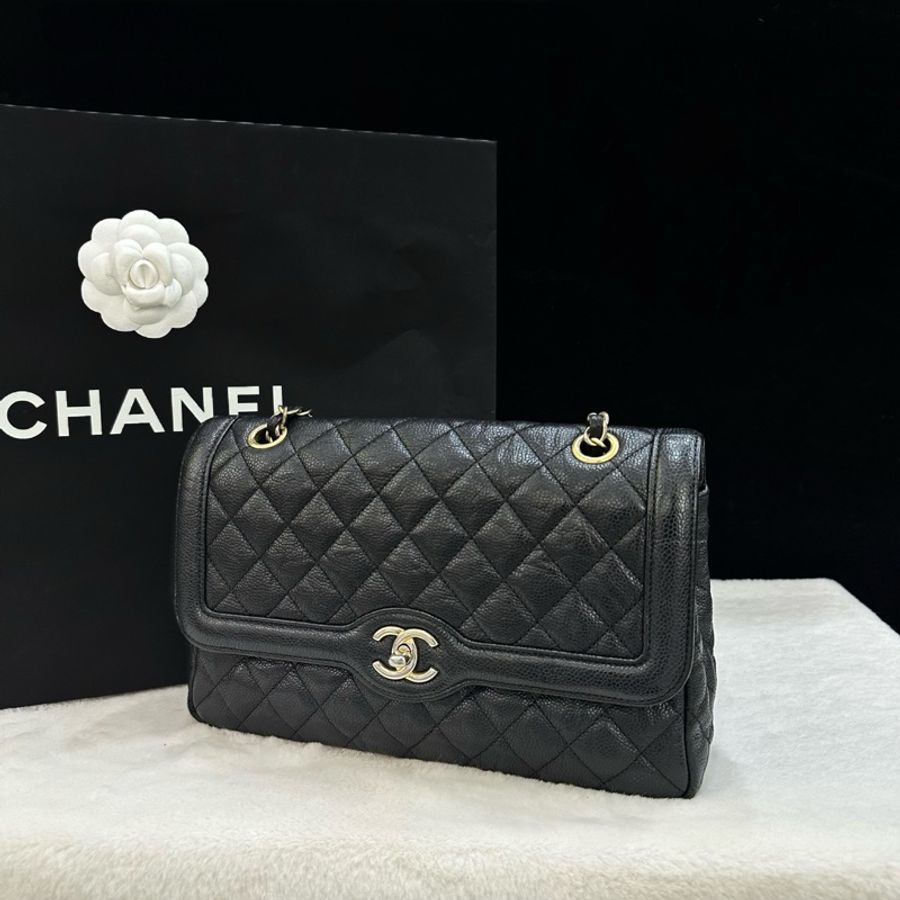 Chanel香奈兒 黑金荔枝牛皮戴妃鏈條包單肩包斜挎包-3