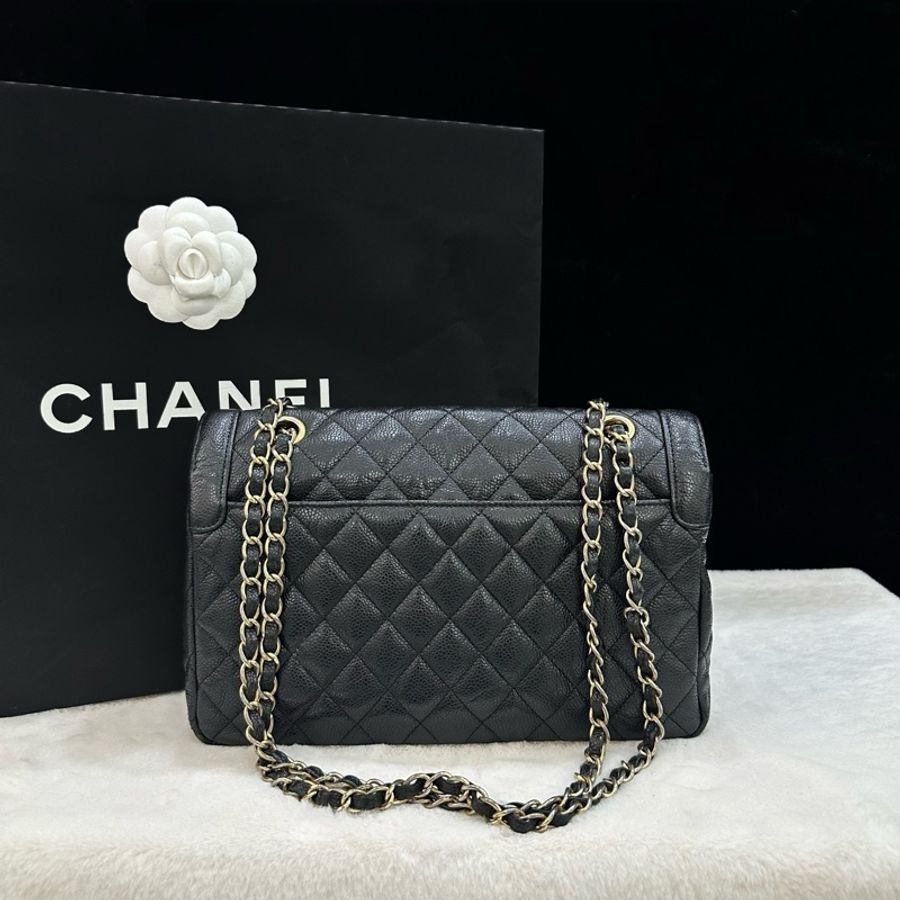 Chanel香奈兒 黑金荔枝牛皮戴妃鏈條包單肩包斜挎包-6