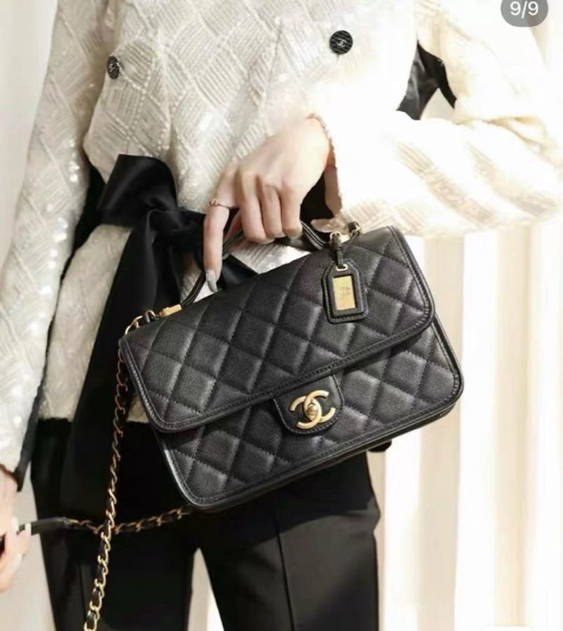 香奈兒Chanel 黑金荔枝紋手柄CF郵差包,99新-7