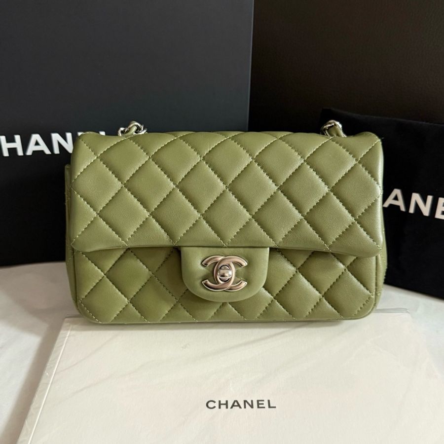 CHANEL香奈兒 Classic Flap羊皮銀扣古巴綠橄欖綠CF大mini單肩包斜挎包 芯片款-1