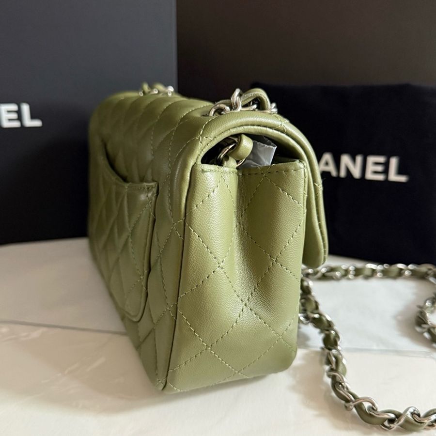 CHANEL香奈兒 Classic Flap羊皮銀扣古巴綠橄欖綠CF大mini單肩包斜挎包 芯片款-4