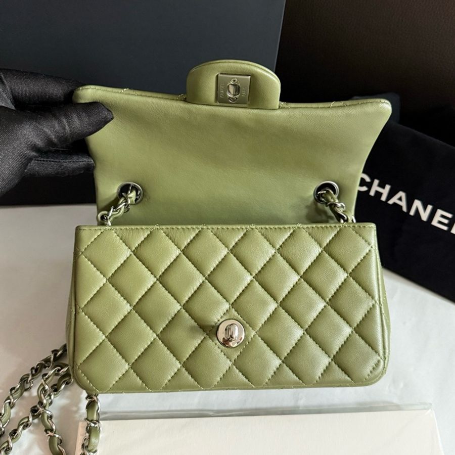 CHANEL香奈兒 Classic Flap羊皮銀扣古巴綠橄欖綠CF大mini單肩包斜挎包 芯片款-7
