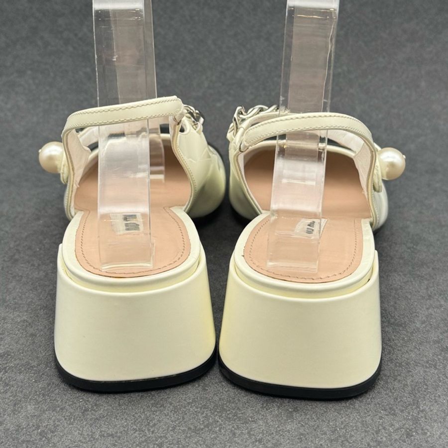 miumiu繆繆 白色 拼 黑色 瑪麗珍涼鞋 高跟鞋 矮跟 珍珠鎖鏈 38.5碼-6