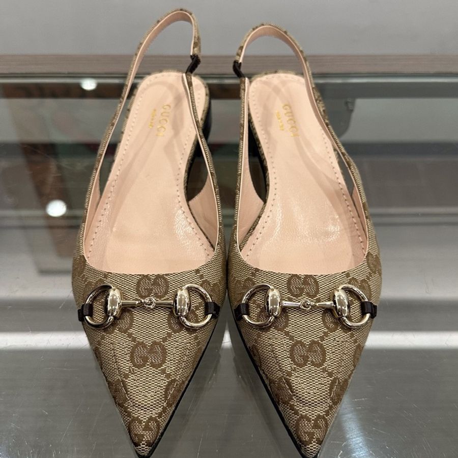 閒置新Gucci古馳 滿印棕色老花雙G字母logo女款銀色馬銜扣平底鞋芭蕾舞鞋 36.5碼-1