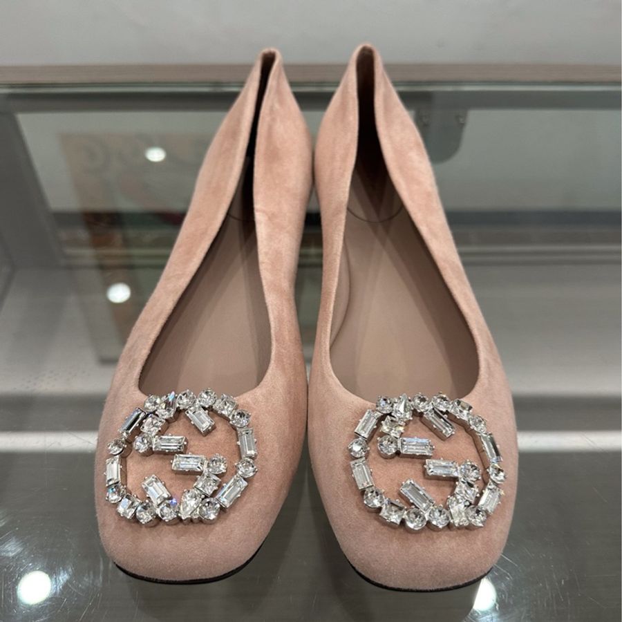 Gucci古馳 水鑽雙G字母扣頭logo女款粉色麂皮平底鞋 39碼-1