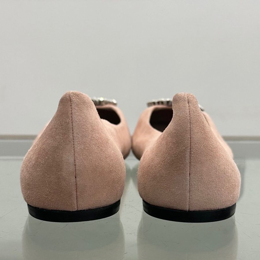 Gucci古馳 水鑽雙G字母扣頭logo女款粉色麂皮平底鞋 39碼-3