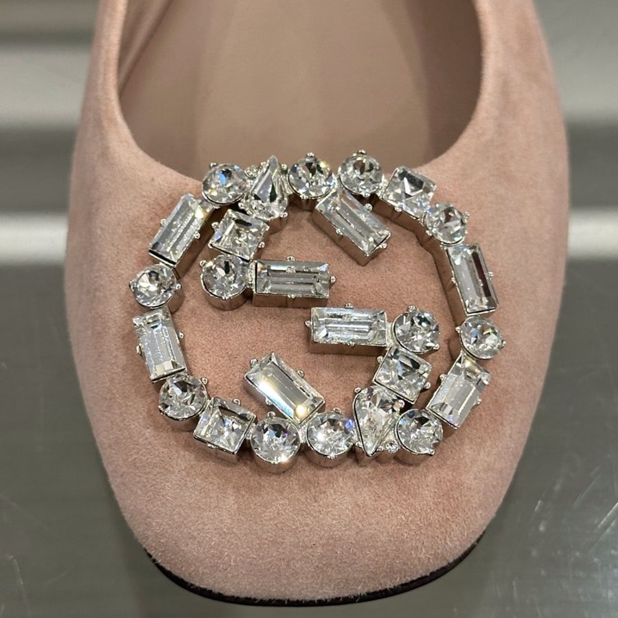 Gucci古馳 水鑽雙G字母扣頭logo女款粉色麂皮平底鞋 39碼-4