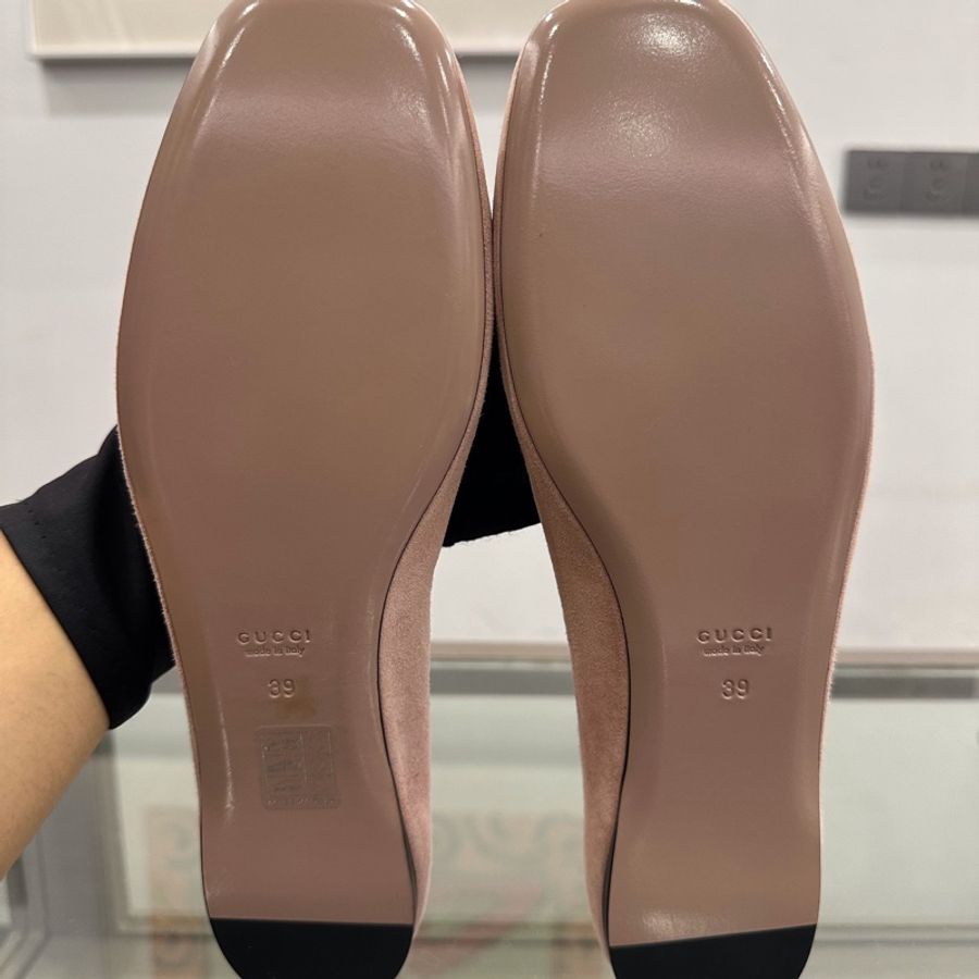 Gucci古馳 水鑽雙G字母扣頭logo女款粉色麂皮平底鞋 39碼-7