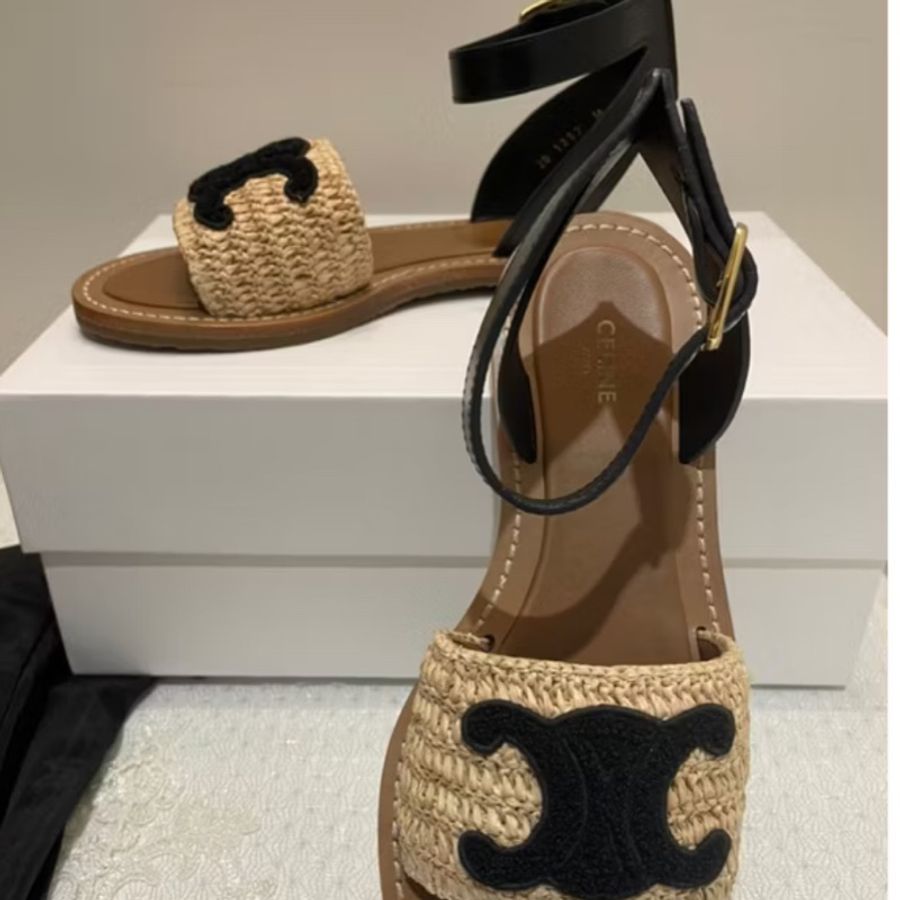 CELINE PARIS《全新》VIC限定 拉菲亞×小牛皮 LYMPIA 平底涼鞋 35號 全配-3