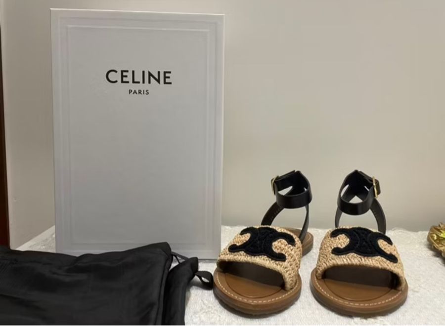 CELINE PARIS《全新》VIC限定 拉菲亞×小牛皮 LYMPIA 平底涼鞋 35號 全配-6