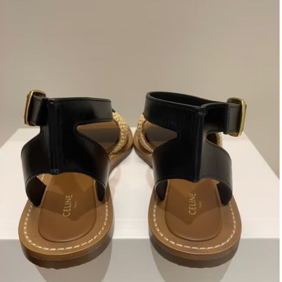 CELINE PARIS《全新》VIC限定 拉菲亞×小牛皮 LYMPIA 平底涼鞋 35號 全配-18