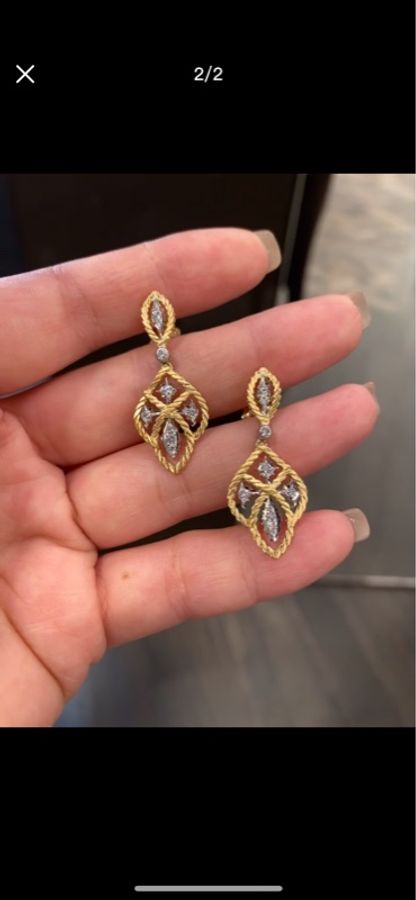 Buccellati布契拉提ÉTOILÉE系列18K黃白金雙色織紋雕金鑲鑽垂墜耳環 星芒菱形麻花耳墜、四葉草水滴鑽石耳飾-1