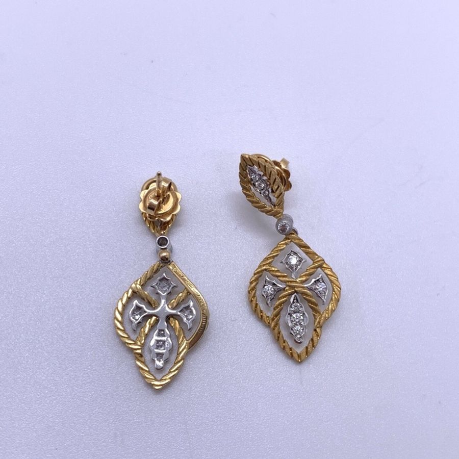 Buccellati布契拉提ÉTOILÉE系列18K黃白金雙色織紋雕金鑲鑽垂墜耳環 星芒菱形麻花耳墜、四葉草水滴鑽石耳飾-6