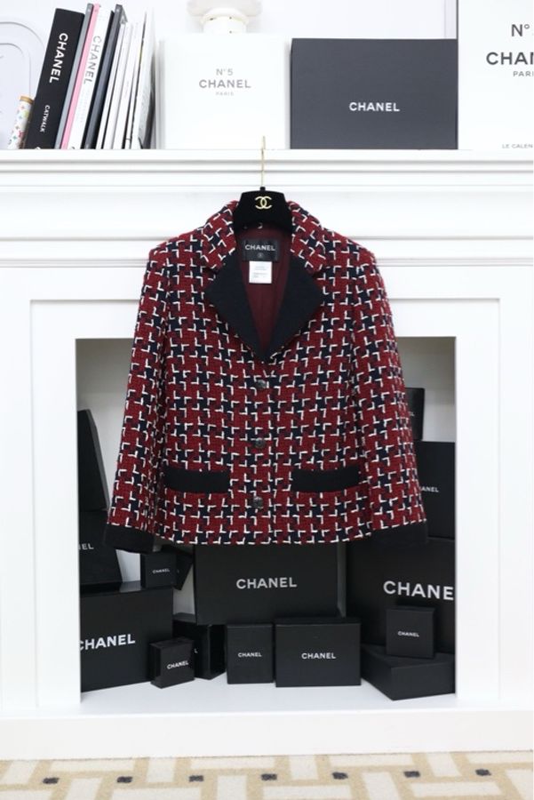 Chanel 15年秋冬餐厅系列小酒馆红色格纹粗花呢两口袋外套-0