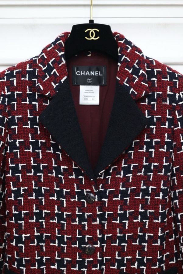 Chanel 15年秋冬餐厅系列小酒馆红色格纹粗花呢两口袋外套-7