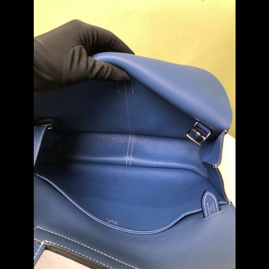 Hermes/愛馬仕 藍色銀扣halzan31斜揹包-4