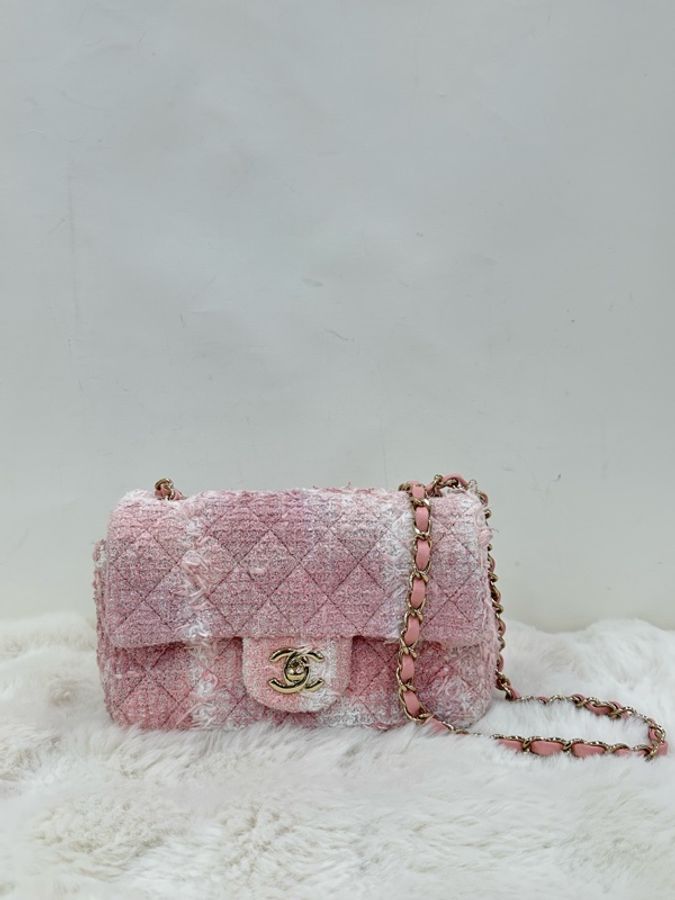 Chanel 香奈兒 22C CF大mini 櫻花粉粗花呢 晶片-1