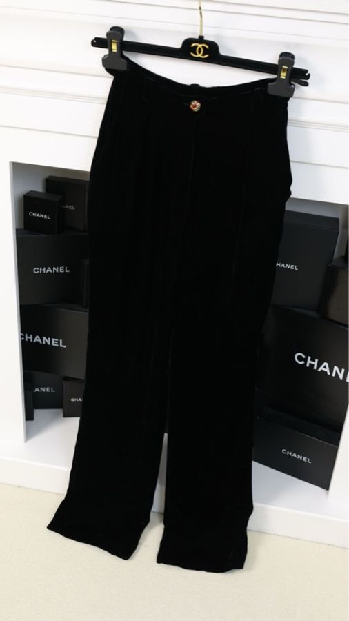 Chanel 96年黑色丝绒琉璃扣长裤-2