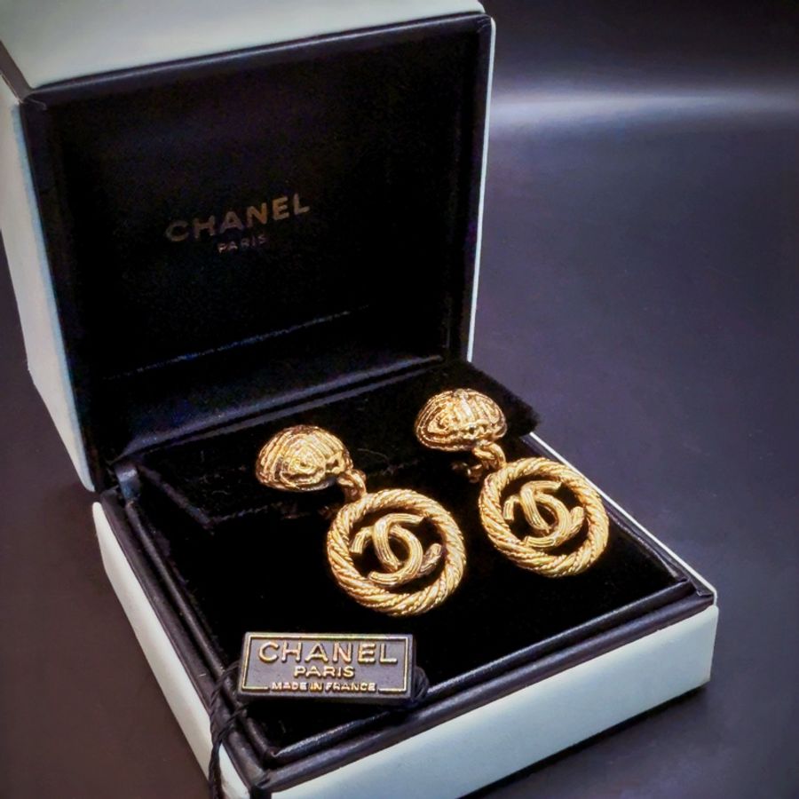 【現貨】Chanel 香奈兒 80年代Vintage✨凱爾特風麻花扭紋復古金✨吊墜耳夾夾式耳環 (附盒)-0