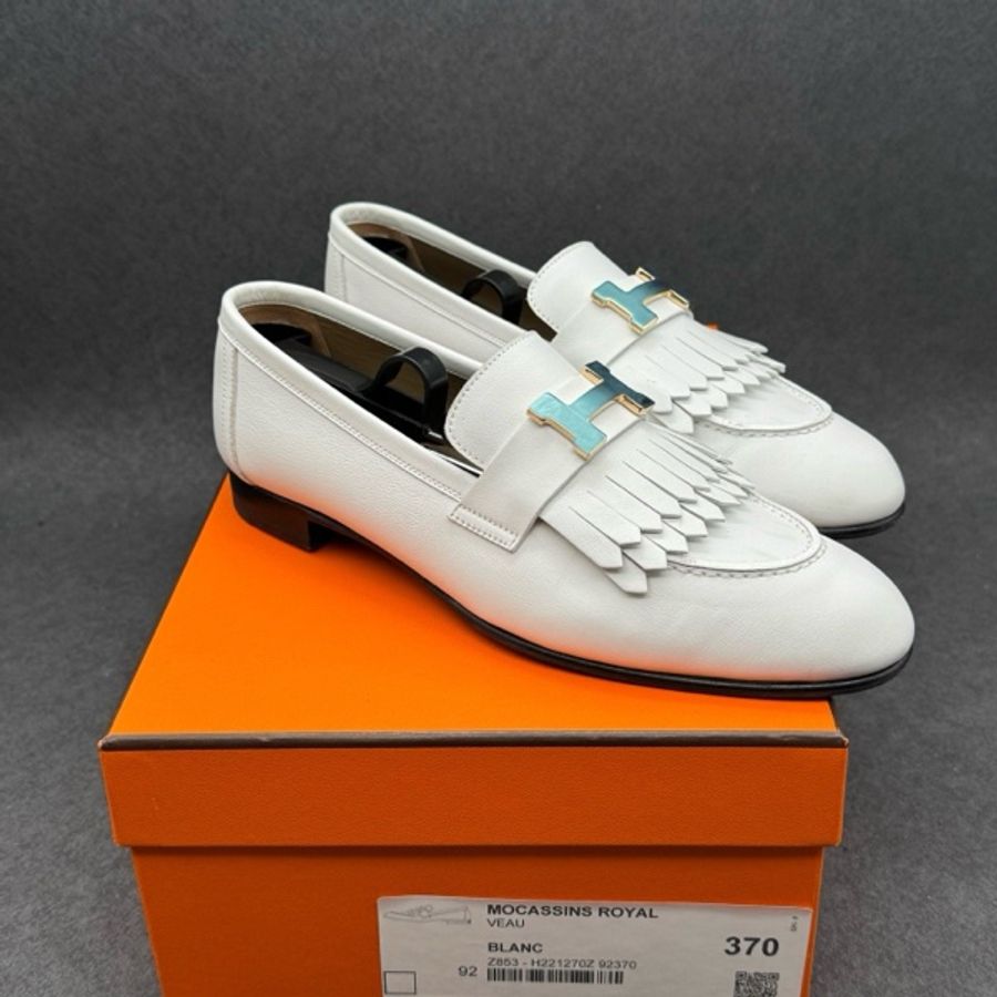 Hermes/愛馬仕 金扣未撕膜白色流蘇樂福鞋 37碼-8