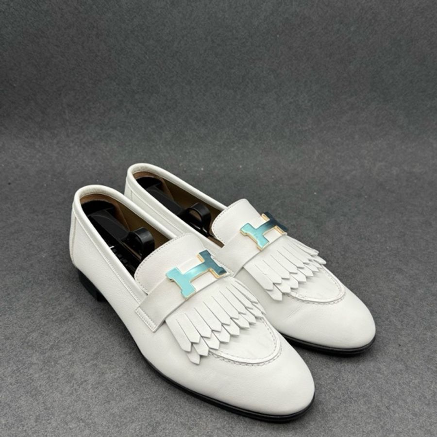 Hermes/愛馬仕 金扣未撕膜白色流蘇樂福鞋 37碼-10