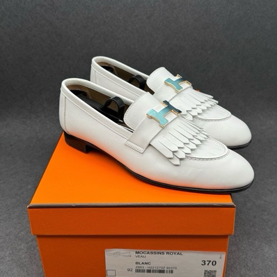 Hermes/愛馬仕 金扣未撕膜白色流蘇樂福鞋 37碼-13