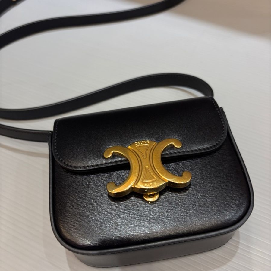 Celine 凱旋門 黑金牛皮 迷你斜背兩用包-5
