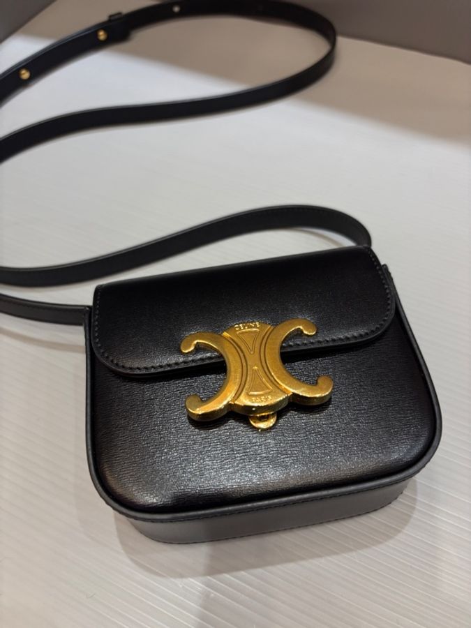 Celine 凱旋門 黑金牛皮 迷你斜背兩用包-12