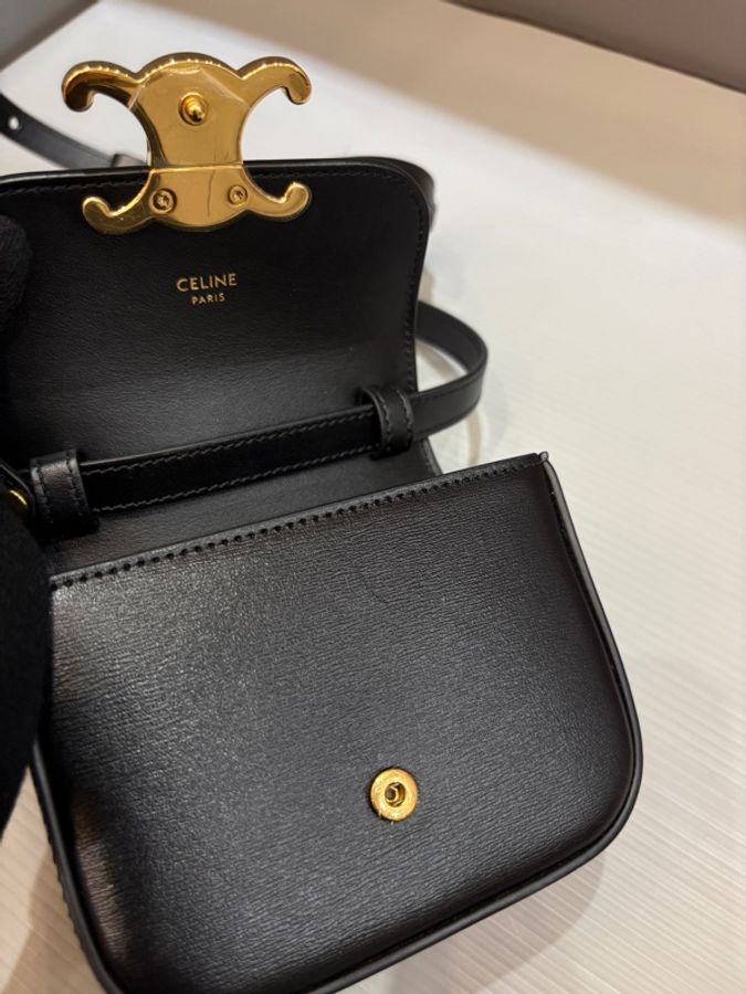 Celine 凱旋門 黑金牛皮 迷你斜背兩用包-13