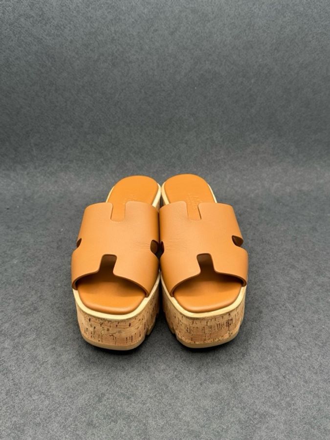 Hermes 愛馬仕 Eze經典H坡跟厚底 高跟涼鞋 36碼 超經典金棕色-1