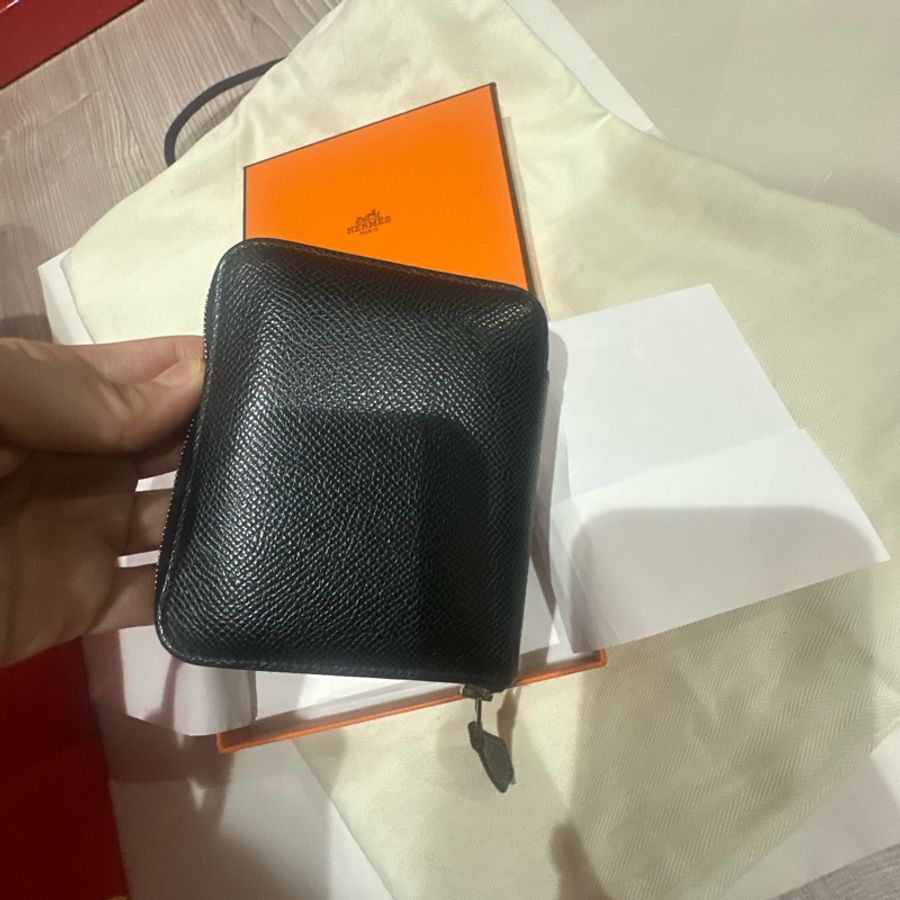 Hermes經典黑色絲巾零錢拉鍊皮夾-1