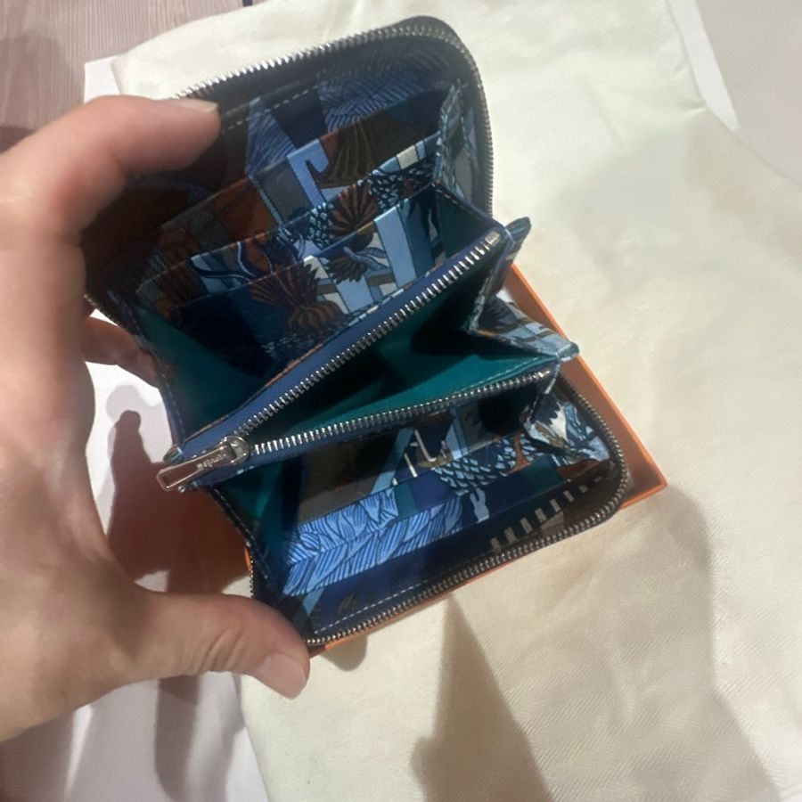 Hermes經典黑色絲巾零錢拉鍊皮夾-3