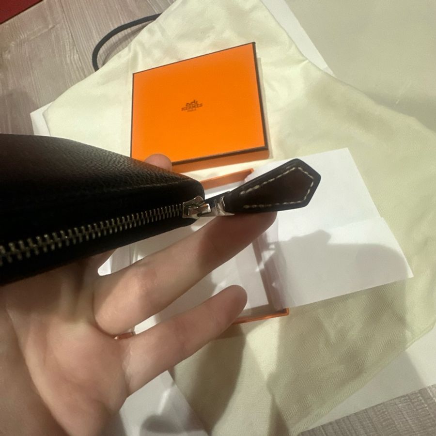 Hermes經典黑色絲巾零錢拉鍊皮夾-5