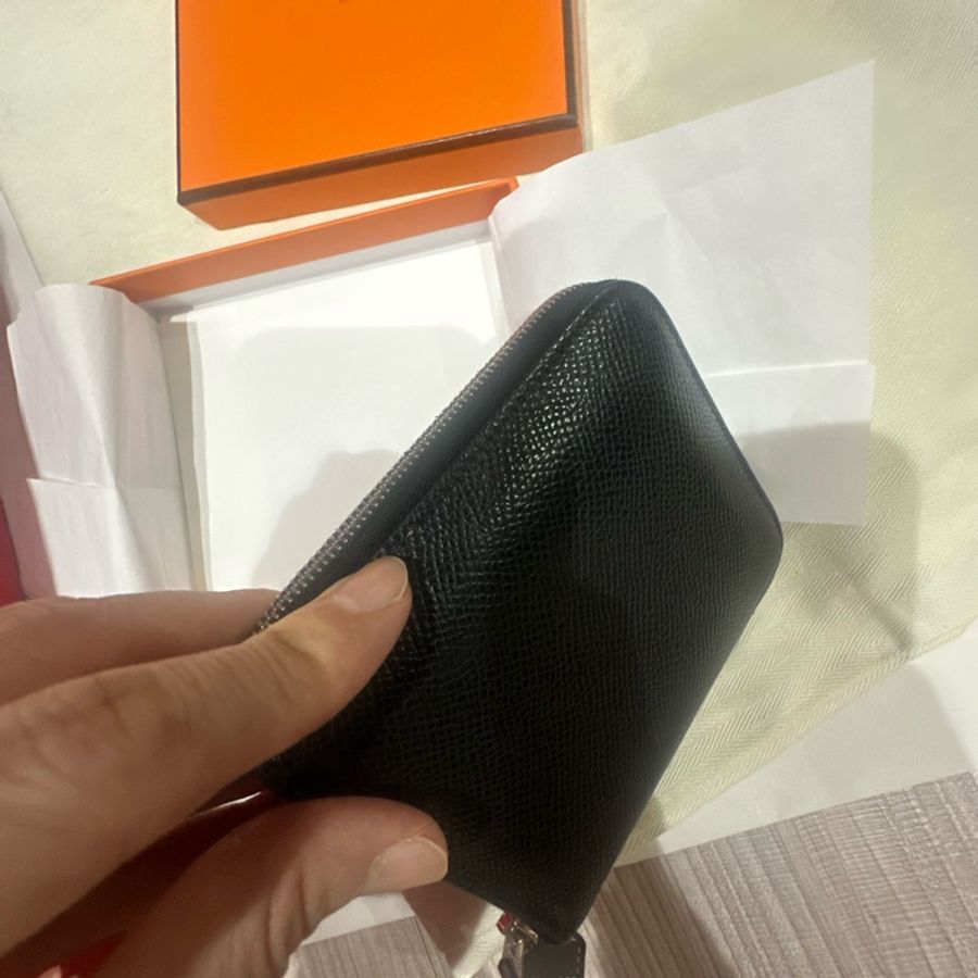 Hermes經典黑色絲巾零錢拉鍊皮夾-6