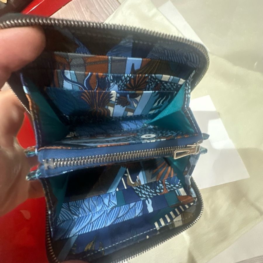 Hermes經典黑色絲巾零錢拉鍊皮夾-7