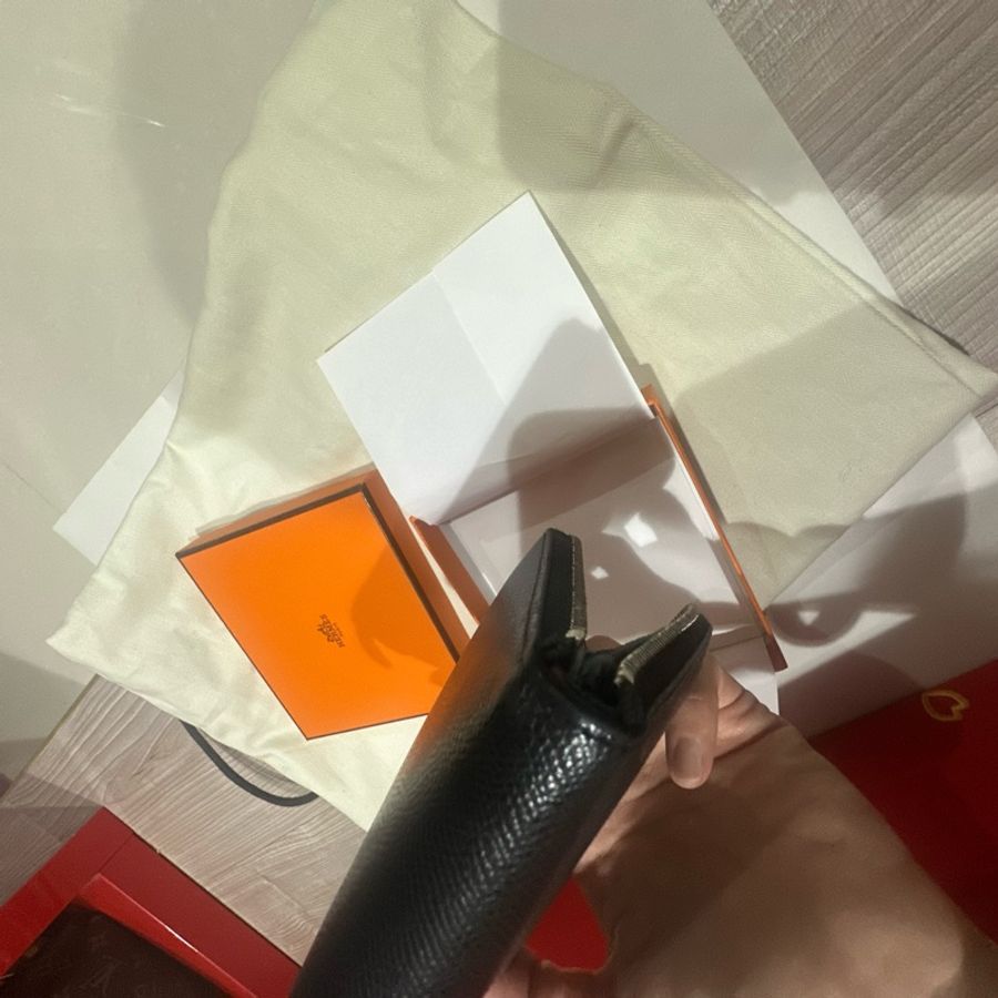Hermes經典黑色絲巾零錢拉鍊皮夾-12