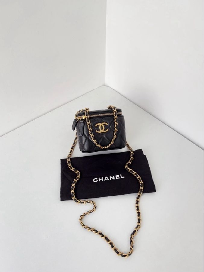 💎Chanel香奈兒|黑金麥穗大雙C方盒子|雙鏈條mini化妝盒|98新芯片款-1