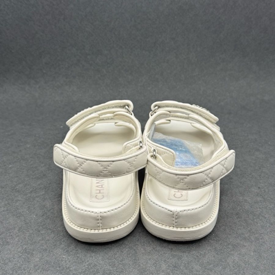 chanel香奈兒24P羊皮革露趾沙灘魔術貼拖鞋 白色 37.5碼-8