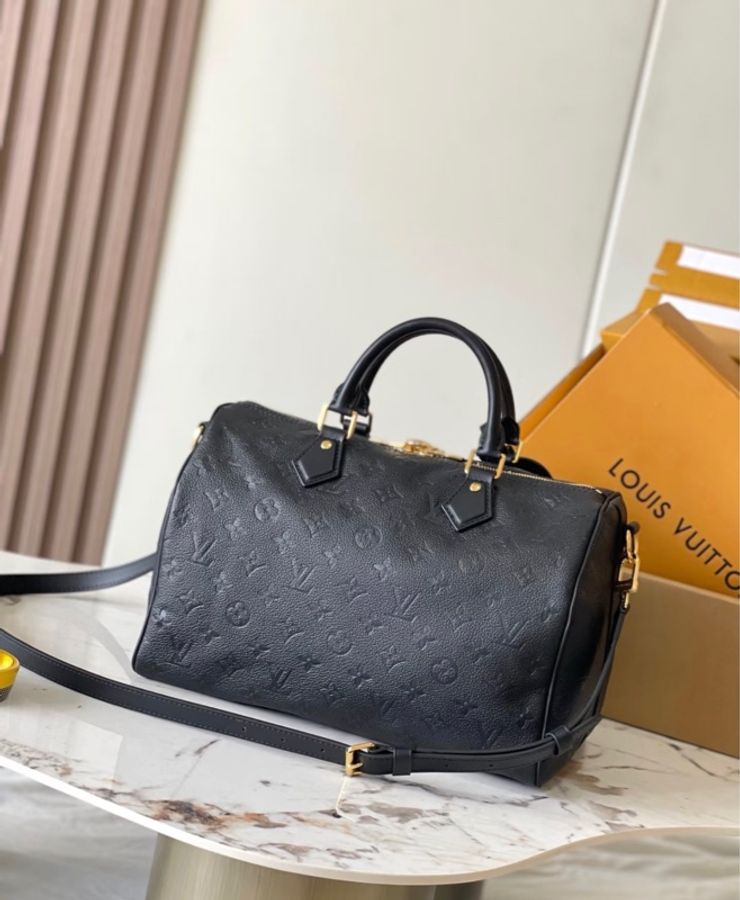 「JL精品代購」98新 LV黑金牛皮老花壓紋speedy35肩帶款-0