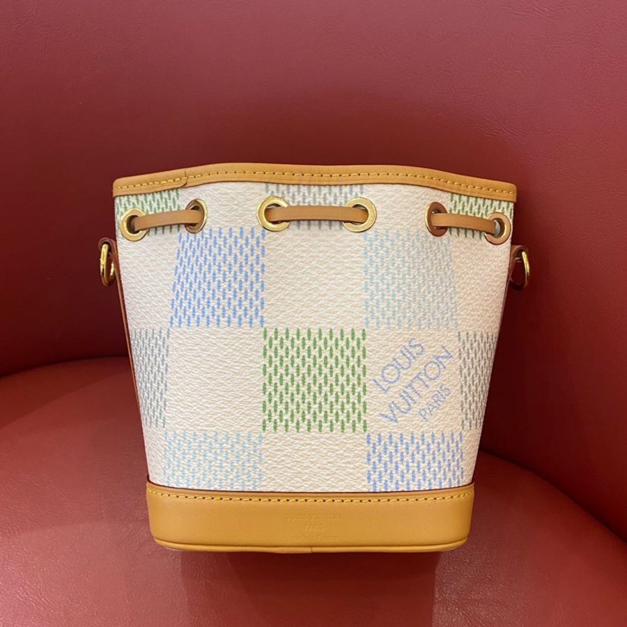 路易威登/Louis Vuitton Nano Noé 糖果色棋盤格Damier 塗層帆布 手柄小水桶手提包斜挎包 金扣-1