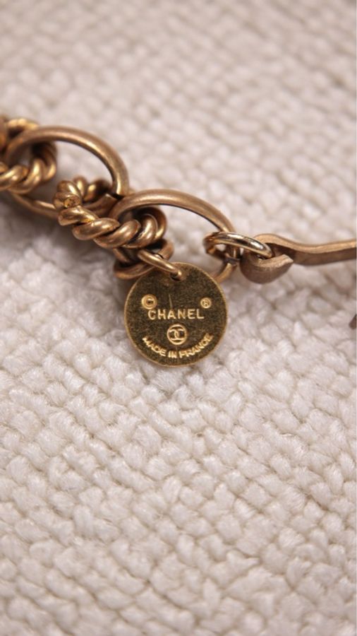 Chanel 84年珍珠莱茵石雕花长项链毛衣链-16