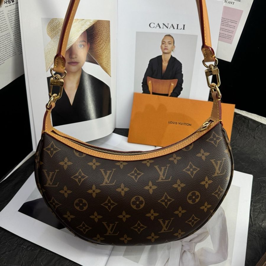 路易威登/Louis Vuitton LOOPING 手袋 月亮包手提包單肩包斜挎包 棕色老花塗層帆布 金扣 純芯片-1