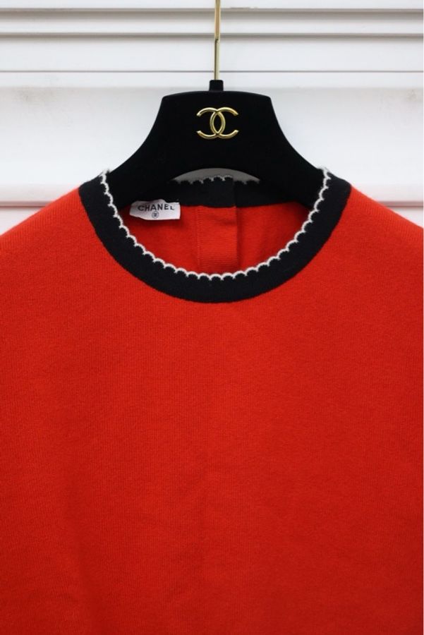 Chanel 94年红色针织花瓣滚边开衫外套短袖半裙三件套套装-8