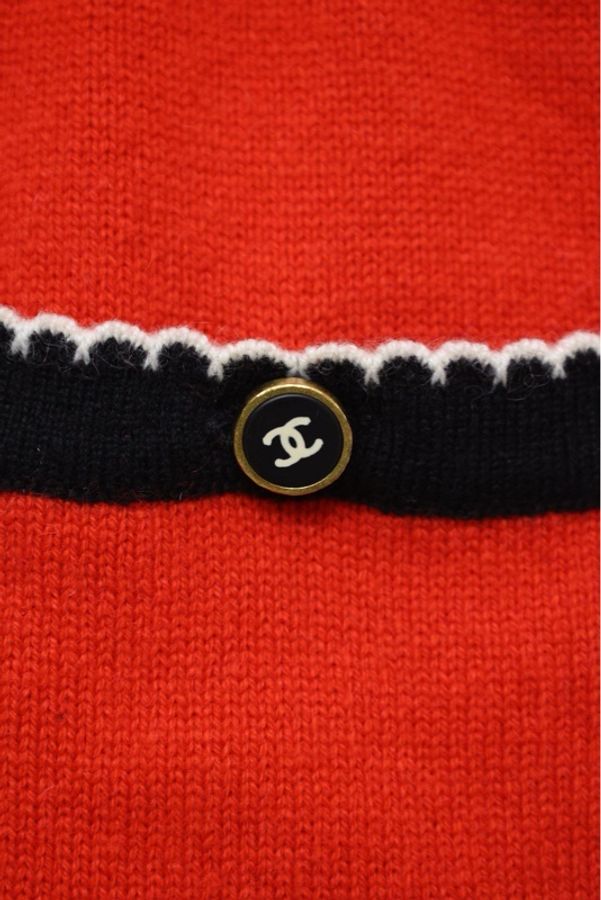 Chanel 94年红色针织花瓣滚边开衫外套短袖半裙三件套套装-19