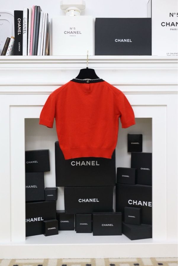 Chanel 94年红色针织花瓣滚边开衫外套短袖半裙三件套套装-29